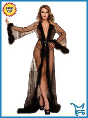 Sheer Mesh Long Kimono Robe with Faux Fur Trim Plus Size Lingerie Bridal